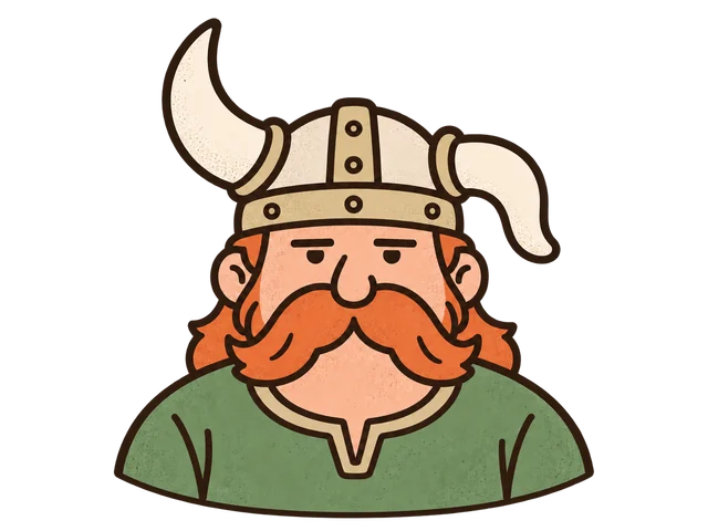 A deadpan Viking with one drooping helmet horn